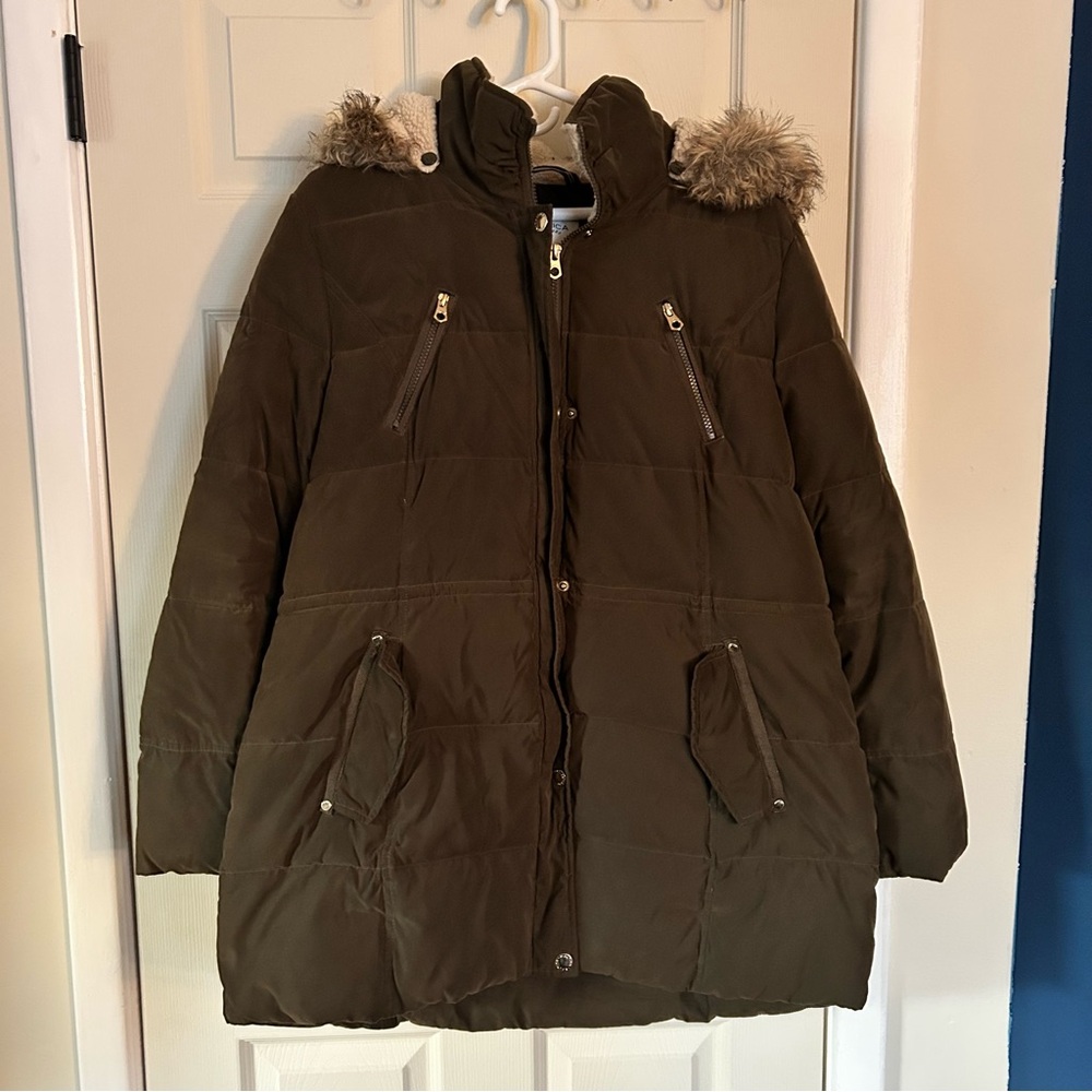 Nautica Dark Green Parka Jacket with Faux Fur Hood